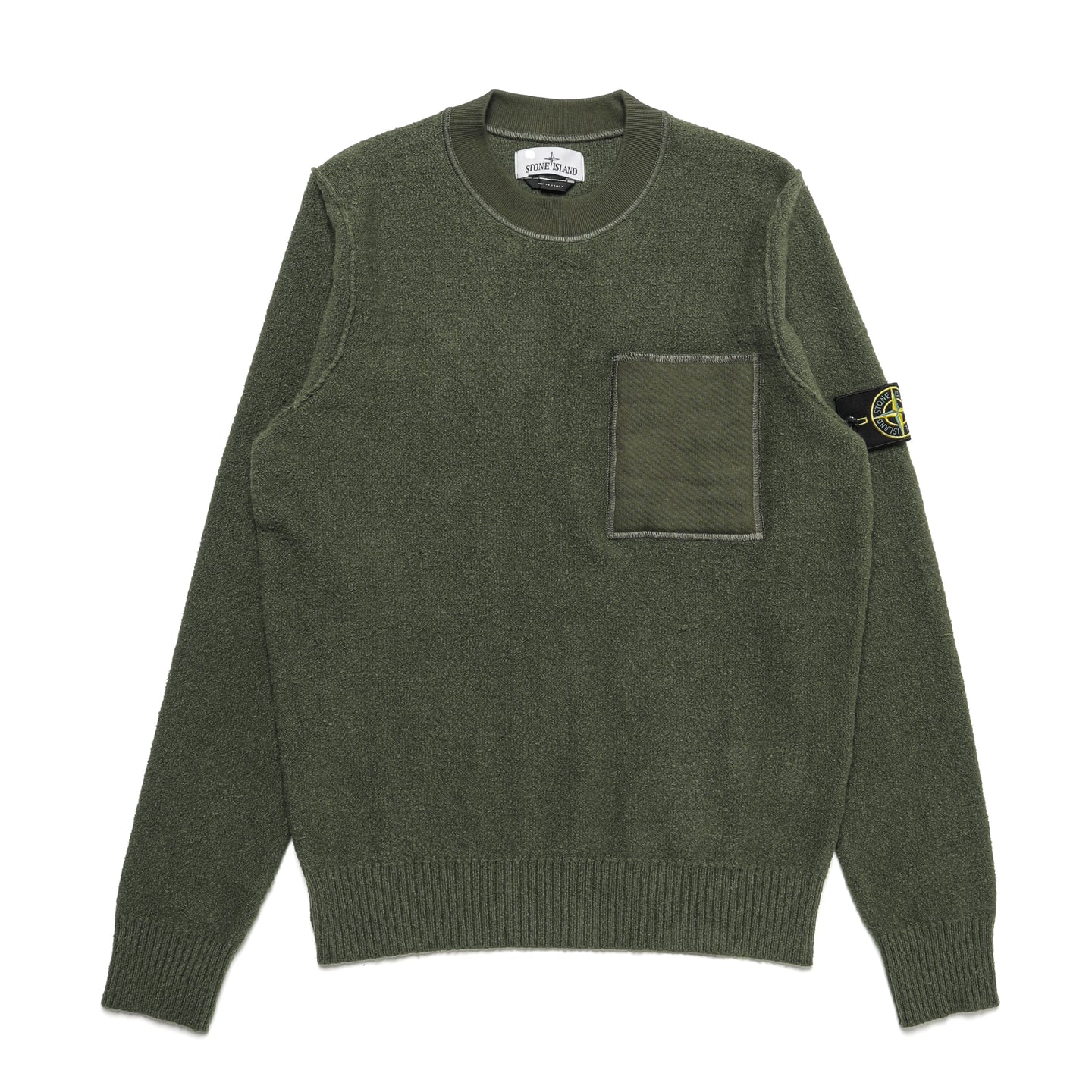 Stone Island Soft Cotton with Mixed Fabric Crewneck Knit Sweater Olive
